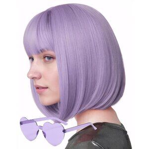 Women's Grayish Purple 12 Inch Costume Cosplay Party Short Bob Wigs And Sunglass